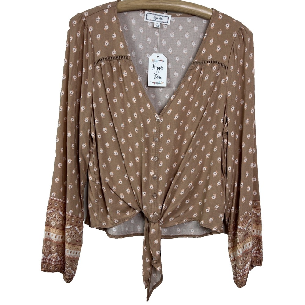 Hippie Rose Women's Size Large Top Long Sleeve V-Neck Eyelet Button-down Tan G6